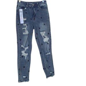 Tinseltown Womens Distressed Polka Dot Embroidered Jeans Size 9 With Raw Hem
